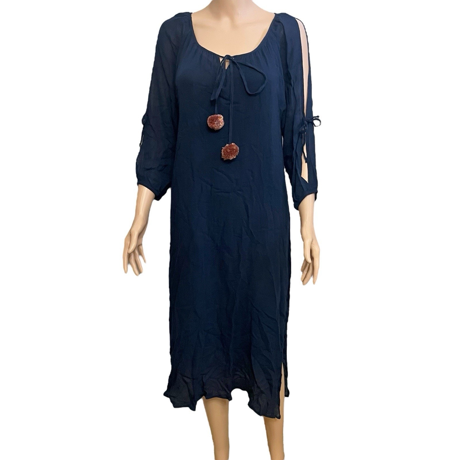 Johnny Was Calme Gauzey Tunic Midi Dress Kaftan Xs Slit Sleeve Pom Pom Vacation